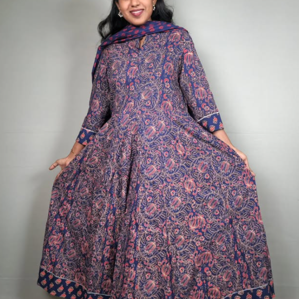 Indigo Ajrakh Printed Cotton Anarkali Suit Set