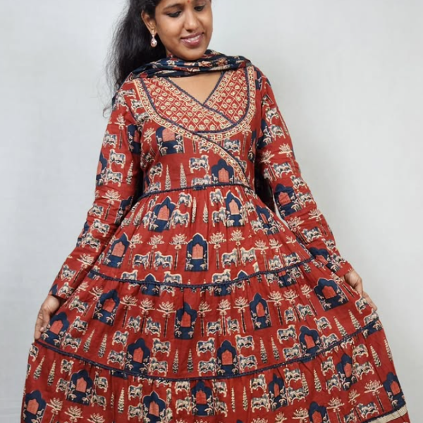 Brick Red Ajrakh Printed Anarkali Suit with Embroidered Neckline
