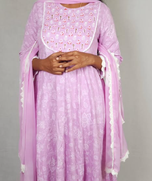 Lilac Anarkali Set with Printed Yoke and Lace