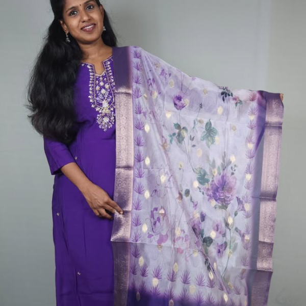 Purple Silk Cotton Kurta Set with Floral Organza Silk Dupatta