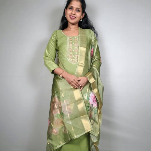 Pista Green Roman Silk Suit with Banarasi Dupatta