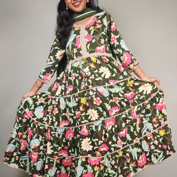 Dark Green Floral Printed Anarkali Suit Set