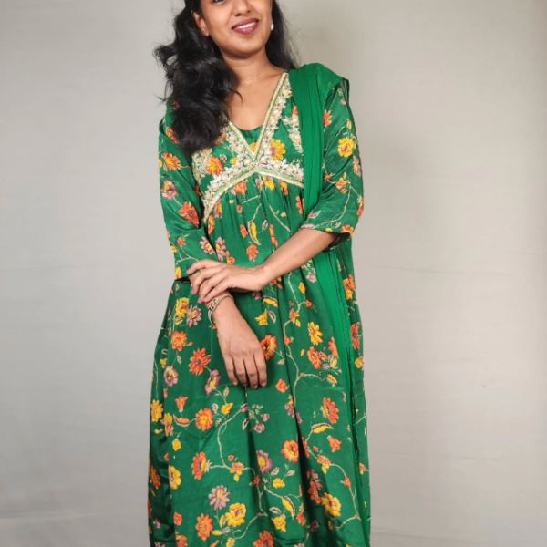 Floral Print Chinon Alia Cut Suit with Handwork