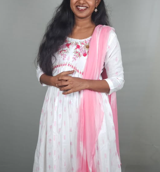 White Mul Cotton Alia Cut Kurta Set with Hand Embroidery