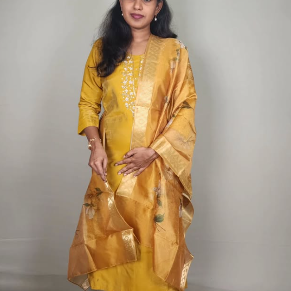 Mustard Yellow Roman Silk Suit with Floral Organza Dupatta