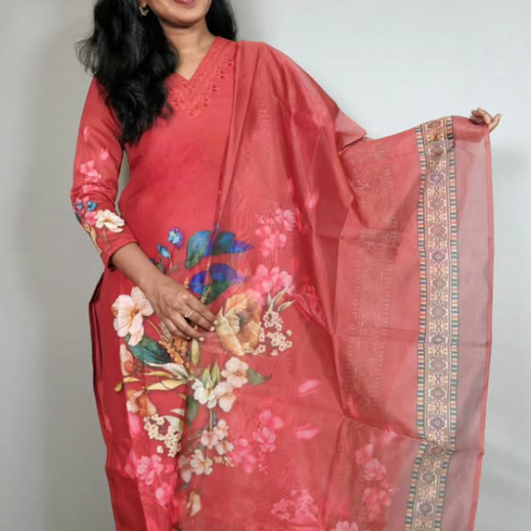 Coral Digital Printed Organza Suit with Floral Dupatta