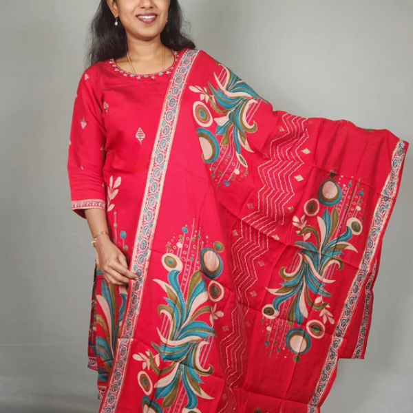 Red Muslin Suit Set with Abstract Print Dupatta