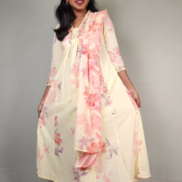 Light Yellow Taj Cotton Floral Printed Churidar Set
