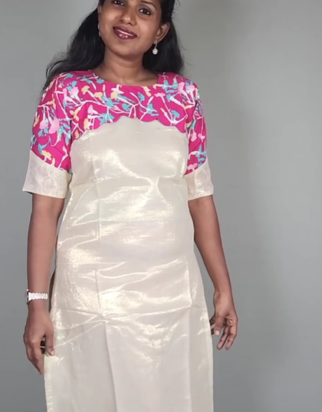 Shimmer Tissue Kurti with Floral Yoke & Scallop